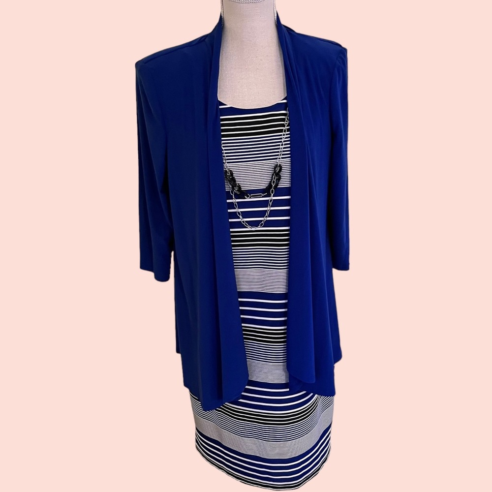 R&M Richards Royal Blue/Black/White Knit Sheath Dress with Attached Jacket